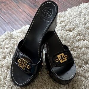 Tory Burch Black Patent Leather Mules with Gold Logo